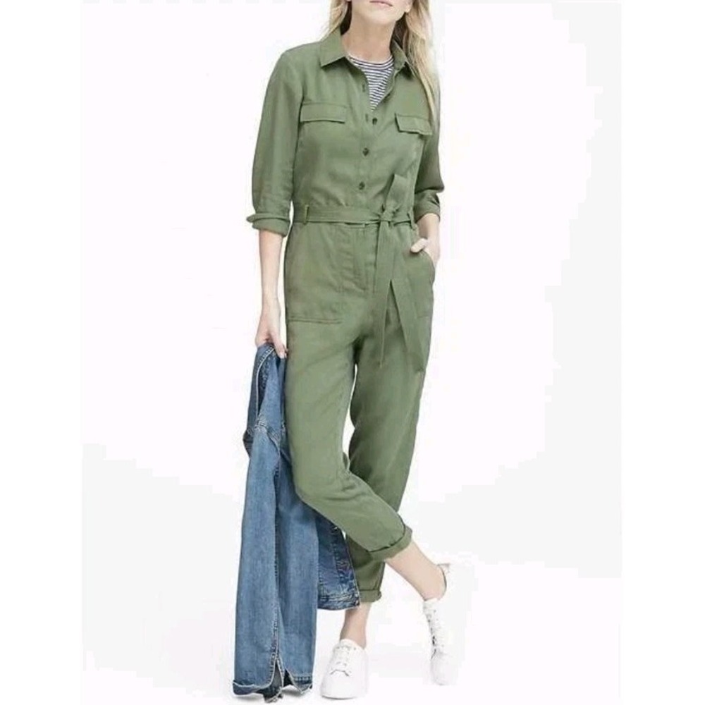 WOMEN'S BANANA REPUBLIC TENCEL FLIGHT JACKET GREEN JUMPSUIT COVERALLS Sz 4 BS134